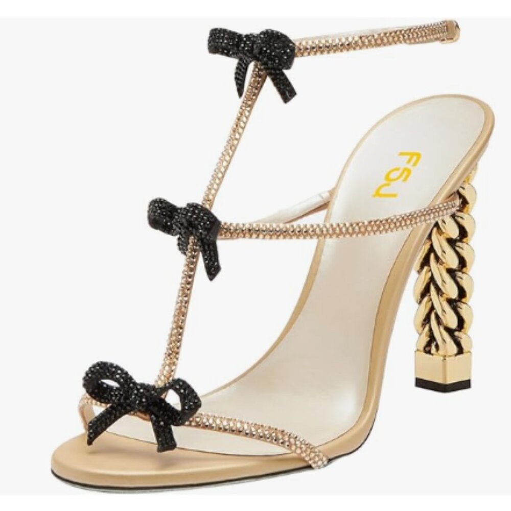 FSJ Nude Black Bows Gold Metal Chain Thick High Heel Sandals Open Toe Shoe